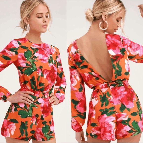 Lulus Pants - Lulu’s Sweetest Song Romper Womens Small Orange Floral Bright Long Sleeve NWT #J